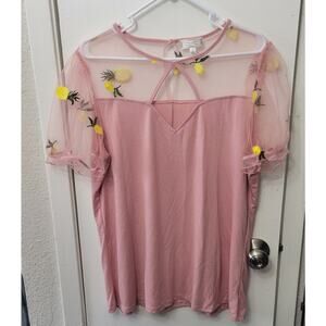 Shannon Ford New York Pink Sheer Décolletage Embroidered Pineapple Lemons XL